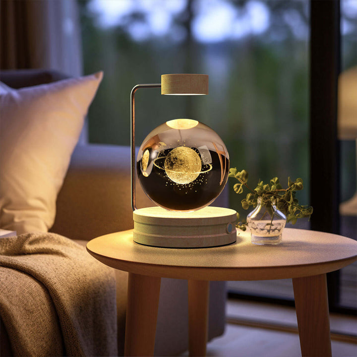 USB-powered Crystal Ball Night Light with 3D design, warm LED, cozy Japandi style decor; perfect for bedrooms or unique gifts.