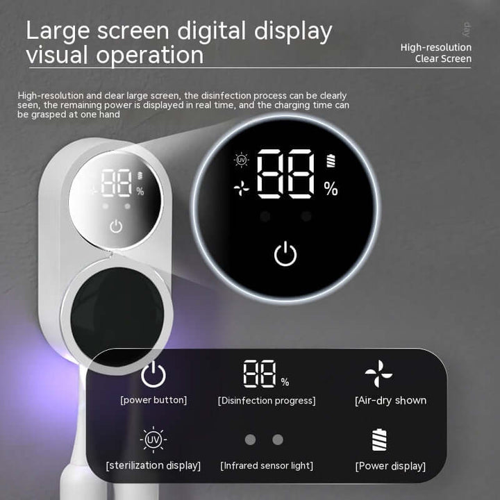 Digital display of UV toothbrush sanitizer showing power and disinfection progress indicators.