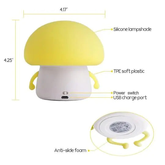Yellow mushroom night light with silicone lampshade, TPE soft plastic, USB charge port, and anti-slide base for cozy decor.