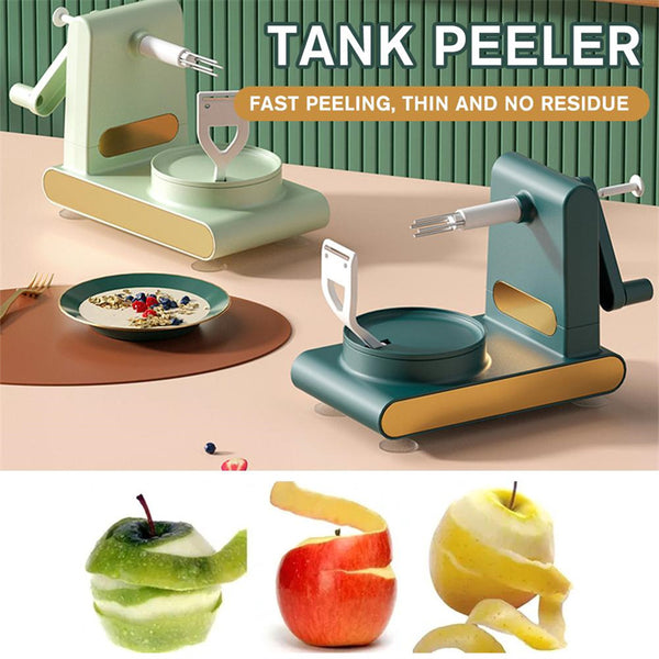 Hand-cranked multifunctional peeler for fast peeling, slicing, and coring fruits, featuring a durable, sustainable design.