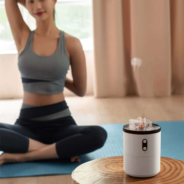 Volcanic Flame Aroma Diffuser in yoga setting, enhancing relaxation and ambiance with unique design.