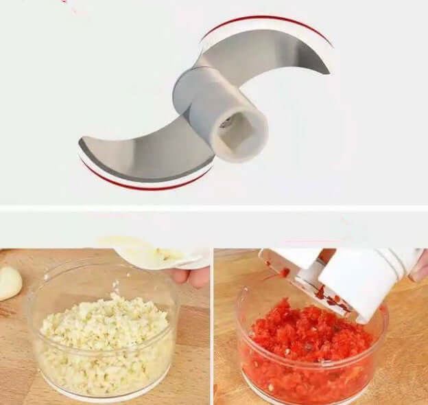 Small Cut-and-Pull Garlic Press chopping garlic and tomatoes efficiently with upgraded 300ML capacity.