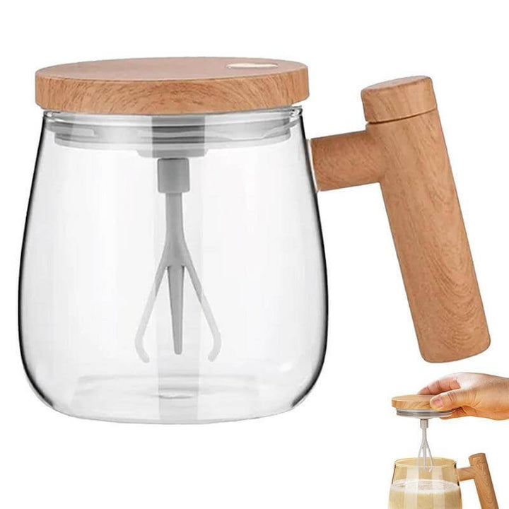 400ML self-stirring coffee mug with wooden handle and lid, ideal for automatic blending of drinks.