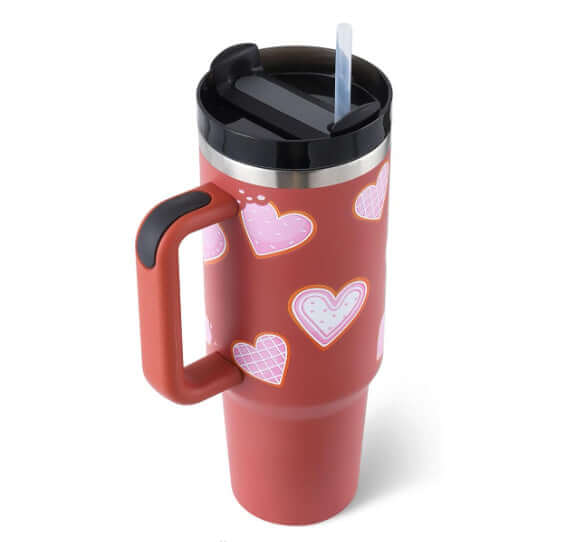 40 oz insulated tumbler with handle and heart design, perfect for gardening or home decor enthusiasts.