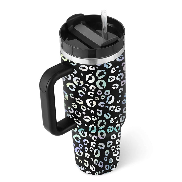 40 oz insulated stainless steel tumbler with handle and straw, leopard print design, perfect for coffee, hot and cold beverages.