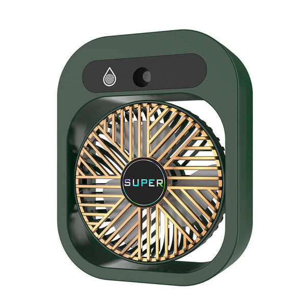USB rechargeable portable misting fan with green casing and gold accents, ideal for home and office use, Japandi style design.