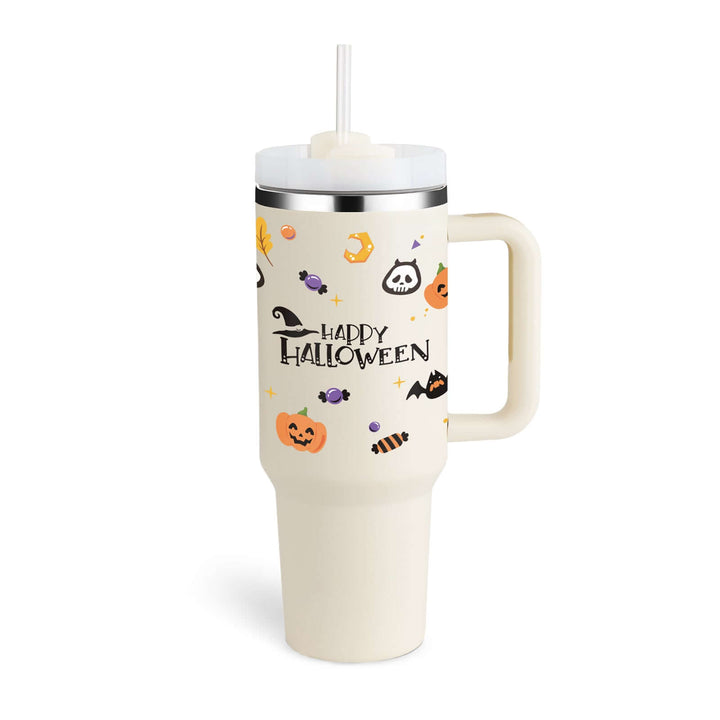 40 oz Halloween-themed insulated tumbler with handle and straw, decorated with pumpkins and skulls, perfect for hot or cold beverages.