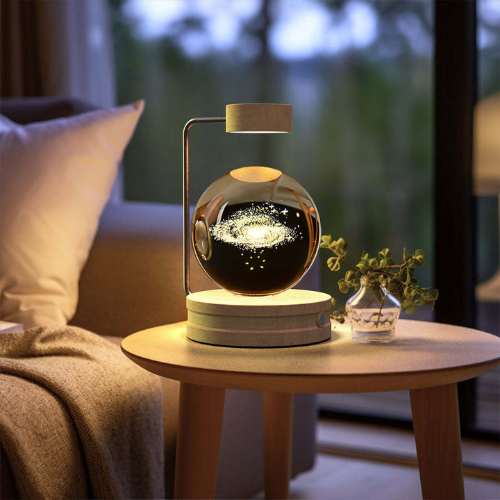 Enchanting crystal ball night light with 3D dinosaur pattern on a bedside table, creating a cozy ambiance. Perfect for Japandi decor.