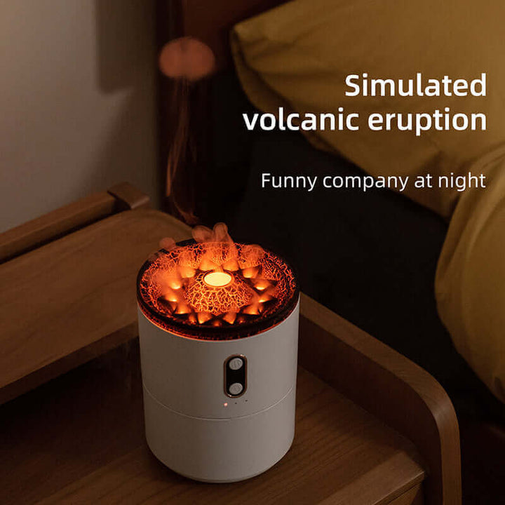 Volcanic Flame Aroma Diffuser with simulated eruption effect on a nightstand, creating a cozy ambiance.