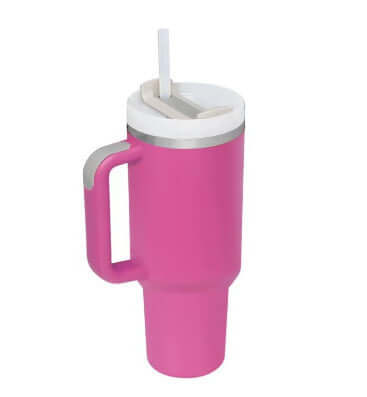 Pink 40 Oz insulated tumbler with handle and straw, perfect for gardeners and home decor enthusiasts, keeping drinks hot or cold.