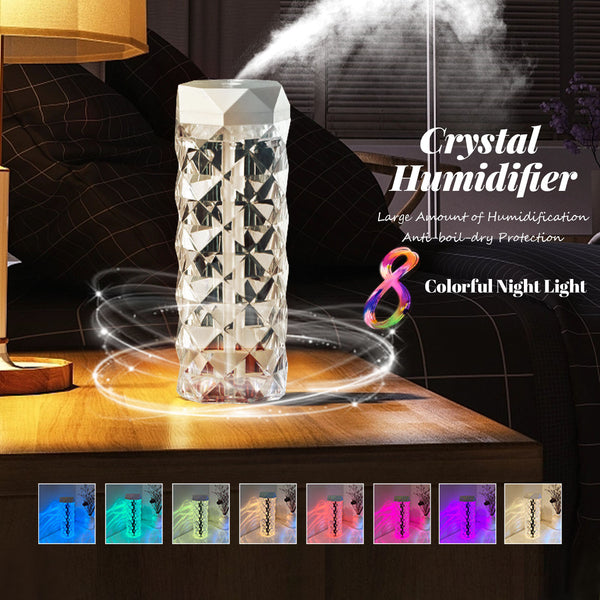 Crystal Humidifier with LED night light, emits cool mist, perfect for Japandi style decor and enhancing air quality in cozy spaces.