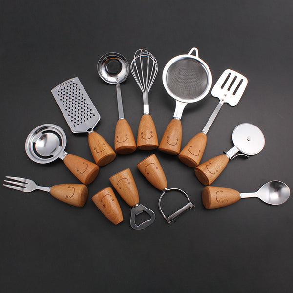 12-Piece Stainless Steel Kitchen Tools Set with wooden handles on black background