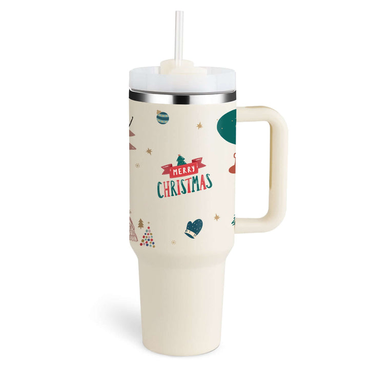 Christmas-themed insulated tumbler with handle and straw, double-wall vacuum, perfect for hot or cold drinks, holiday design.