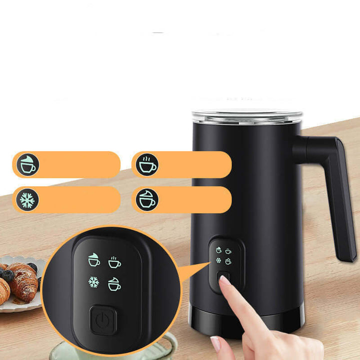 Automatic electric milk frother with stainless steel design and control buttons on kitchen counter.