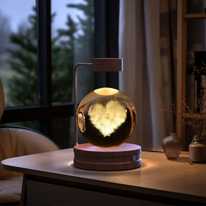 Crystal Ball Night Light with 3D heart design, USB-powered; perfect for cozy, Japandi-style spaces. Features textured walls and warm lighting.