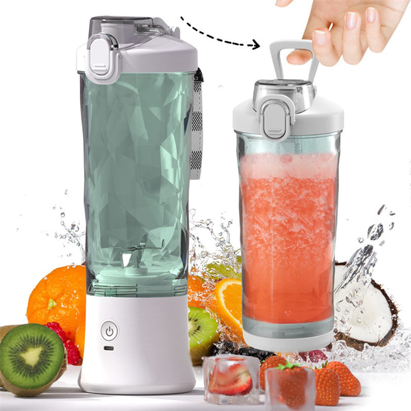 Portable blender juicer with fruit slices and vibrant smoothie, showcasing compact design and convenient blending functionality.