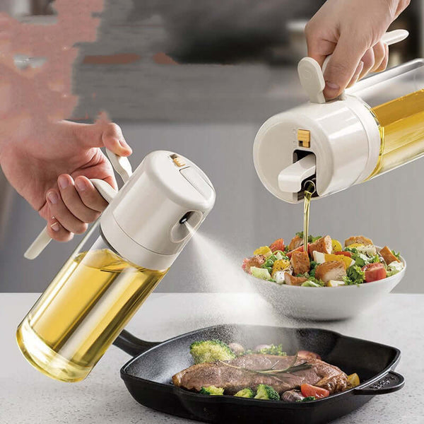 2-in-1 Oil Sprayer & Dispenser for precise oil and vinegar mist during BBQ and cooking, featuring versatile design and easy usage.