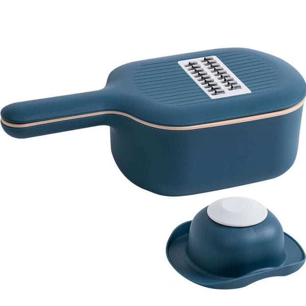 Multifunctional vegetable cutter and slicer in teal color for grating and slicing fruits, potatoes, cheese, and more.
