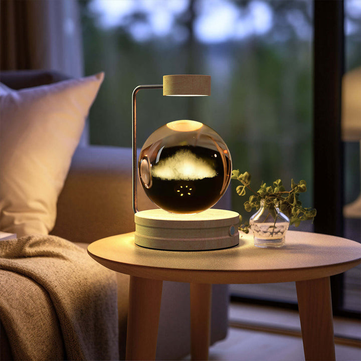 USB-powered crystal ball night light on wooden table, warm LED glow, cozy living room setting, biophilic design elements