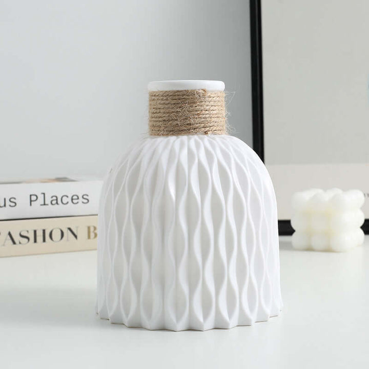 Creative Decorative Plastic Vase with textured surface and rope accent, ideal for modern living room decor and biophilic design.