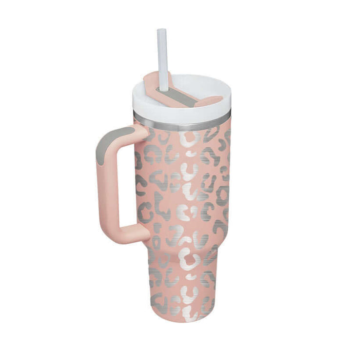 40 Oz pink leopard tumbler with handle, straw, spill-proof lid; ideal for garden picnics and home decor.