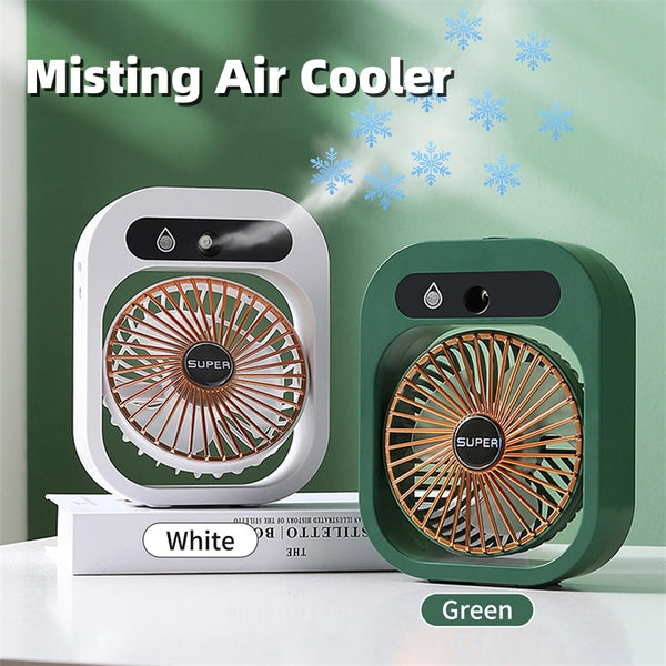 USB rechargeable misting air cooler fan in white and green, featuring biophilic design and sustainable materials.