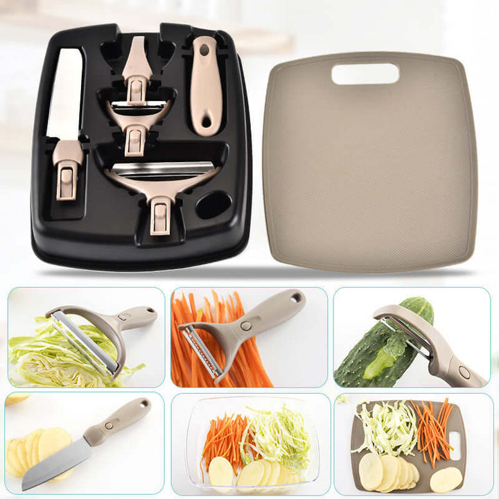 3-piece stainless steel cutter set with chopping board, fruit knife, and peeler for eco-friendly and efficient kitchen use.