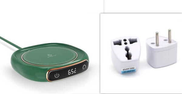 Smart Coffee Mug Warmer with green design and digital display, includes plug adapter for versatile use.