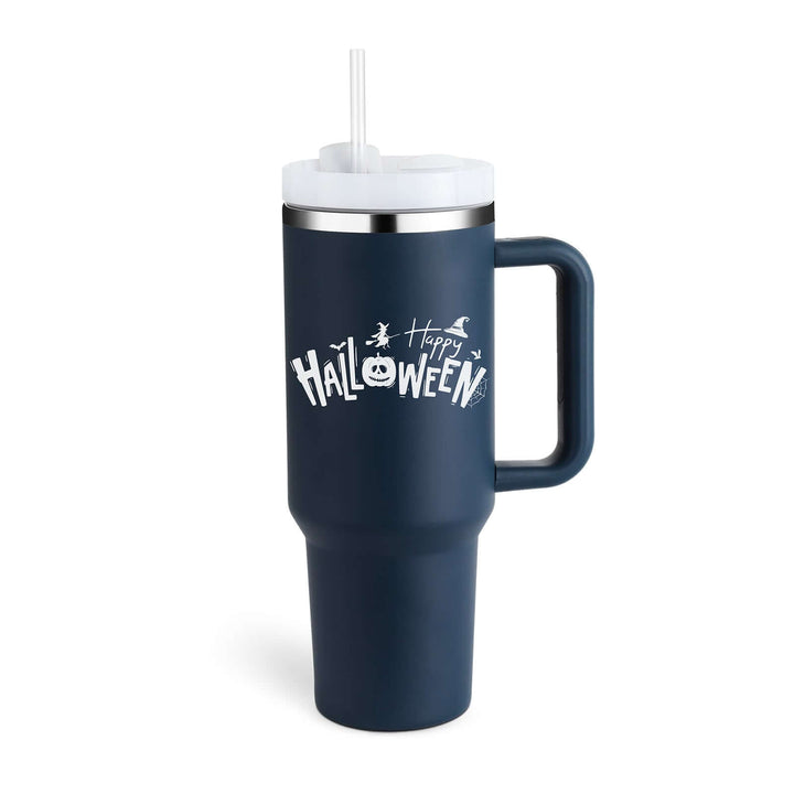 40 Oz Halloween-themed insulated tumbler with handle and straw, perfect for hot or cold drinks on-the-go.