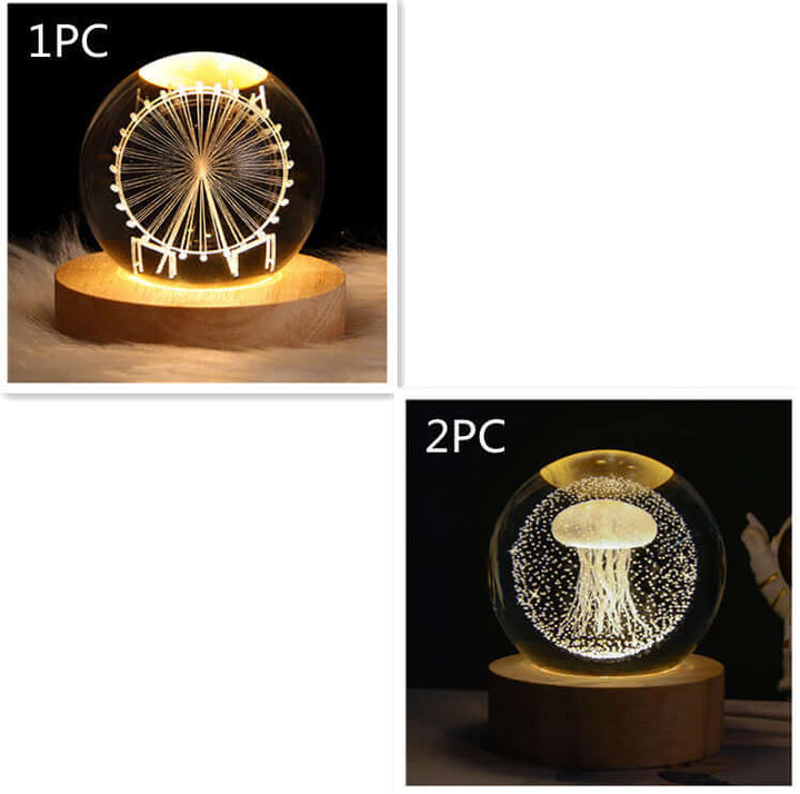 Luminous starry sky crystal ball night lamp with 3D projections of a ferris wheel and jellyfish on a wooden base.