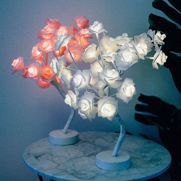 Rose Flower LED Table Lamp on marble table, featuring soft glowing roses for a cozy Japandi style and biophilic design.