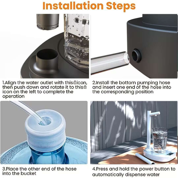 Installation guide for Automatic Water Dispenser showing four steps to set up and use the rechargeable water bottle dispenser with stand.