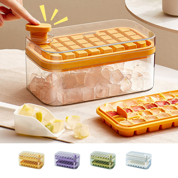 One-button press ice cube mold with lid and storage box in yellow, featuring easy ice release for kitchen use, various colors displayed.