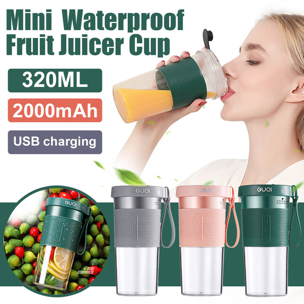 Woman using a 320ml mini waterproof USB rechargeable fruit juicer cup, available in various colors, ideal for smoothies on the go.