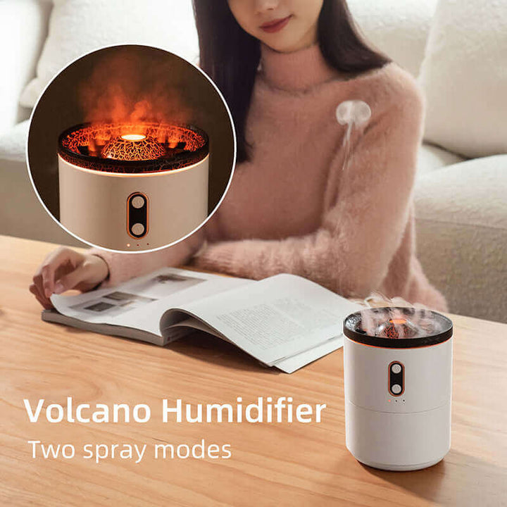 Volcanic Flame Aroma Diffuser with jellyfish design and volcanic effect used in a cozy reading nook.