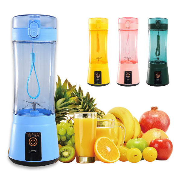 Portable electric fruit juicer with various colors; includes fruits and a glass of orange juice.