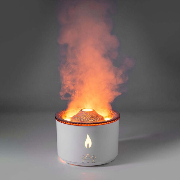 Ultrasonic Volcano Aromatherapy Humidifier with flame and mist effects, biophilic design, sustainable materials, Japandi style.