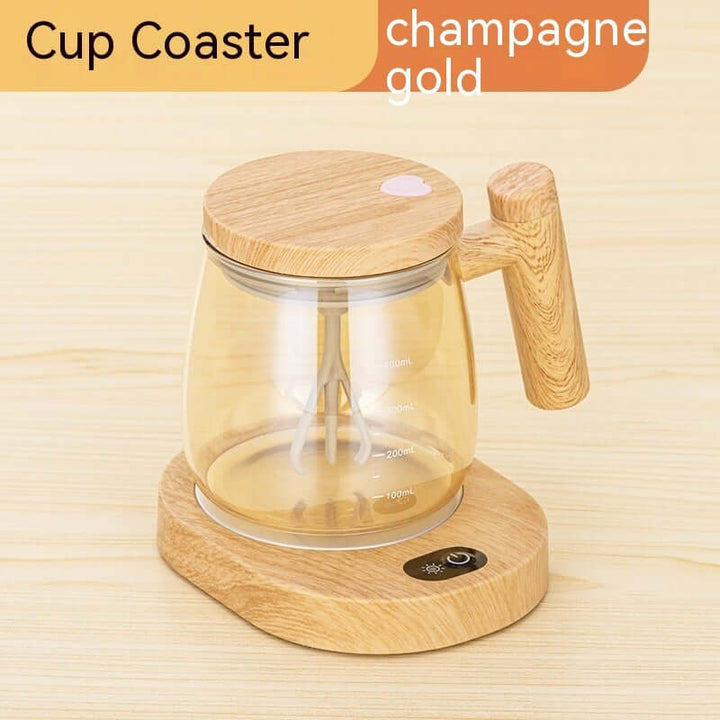 Champagne gold self-stirring coffee mug with wooden handle on an electric coaster