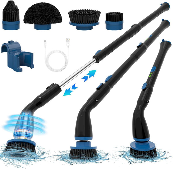 Electric spin scrubber with 4 brush heads and extension handle for efficient cordless cleaning of home surfaces.