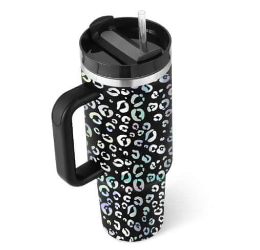 40 Oz leopard print insulated coffee tumbler with handle and straw, stainless steel, spill-proof, perfect for hot or cold drinks.