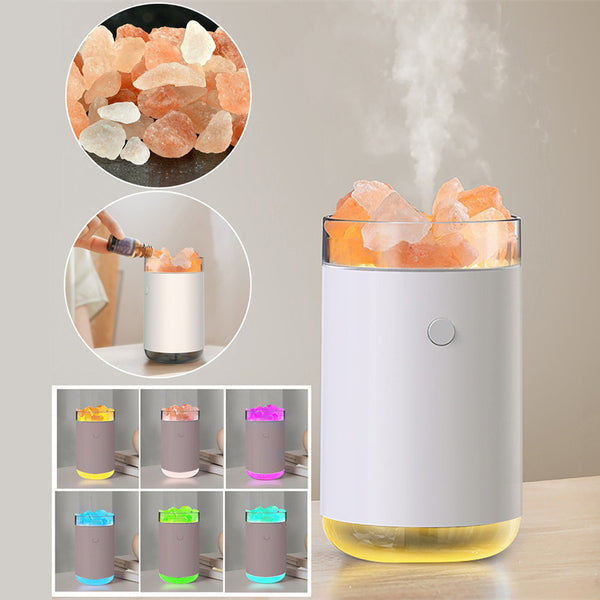 Crystal Salt Stone Air Humidifier with LED light, biophilic design, sustainable materials, multifunctional diffuser.