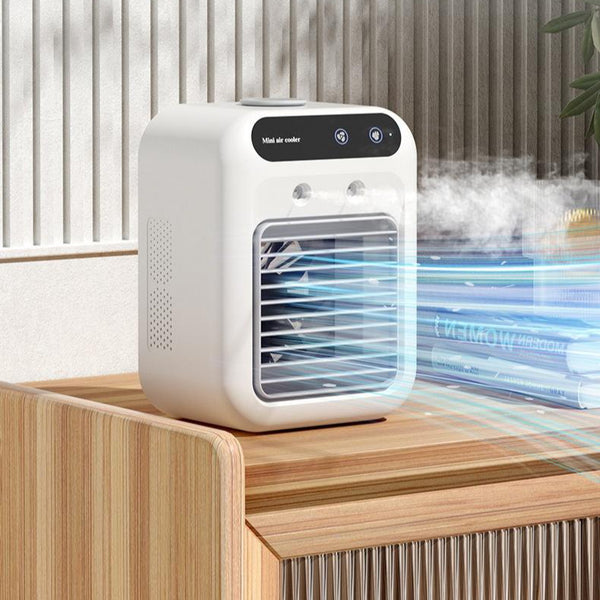 Compact portable air cooler fan with water cooling, ideal for home, office, or cars, featuring energy-efficient design and airflow.