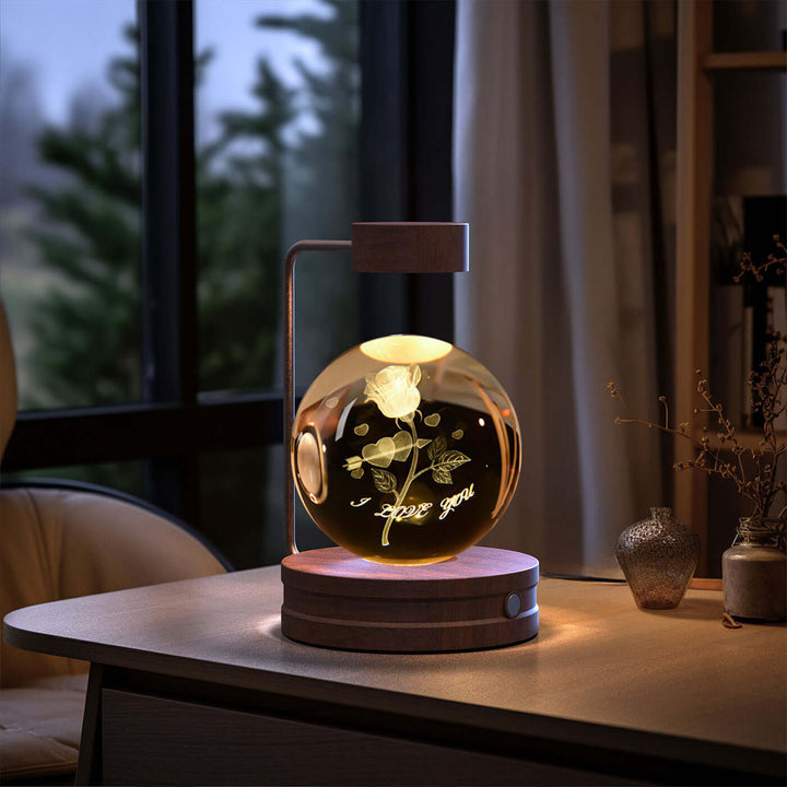 Crystal Ball Night Light with 3D design on a wooden table, warm ambiance, ideal for cozy spaces, Japandi style accents.