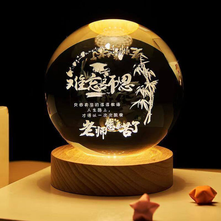 Luminous Starry Sky Crystal Ball Night Lamp with intricate 3D cutting design on wooden base, perfect for ambient lighting.