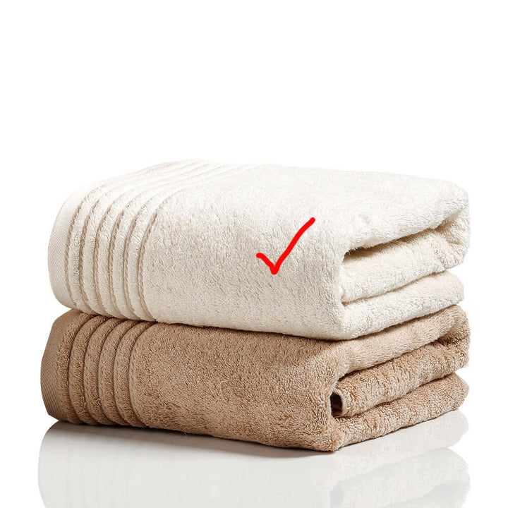 Soft cotton towel set in cream and beige; luxurious, absorbent, eco-friendly. Ideal for Japandi, cottagecore or biophilic design.