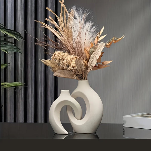 Hollow Modern Ceramic Vase with Dried Arrangements, perfect for Japandi style and biophilic design in home or office decor.