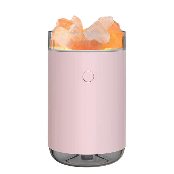 Crystal Salt Stone Air Humidifier with LED Light in pink, biophilic design, suitable for aromatherapy and home decor.