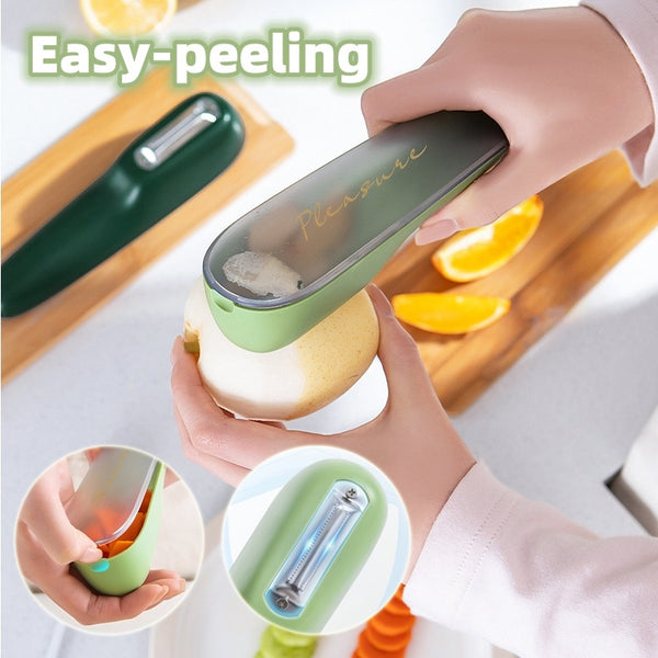 Peeling knife with storage tube for easy fruit and vegetable prep, featuring ergonomic design and storage tube for convenience.