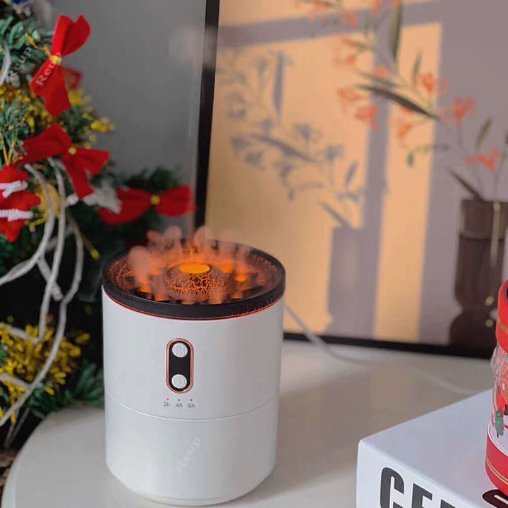 Volcanic Flame Aroma Diffuser with jellyfish design, adding ambiance to a cozy space with floral backdrop.