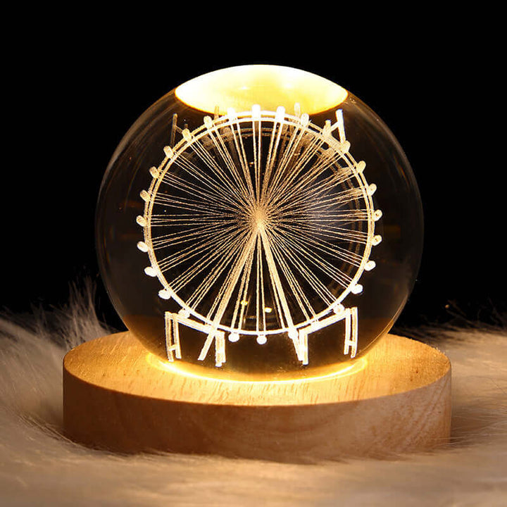 Luminous Starry Sky Crystal Ball Night Lamp with 3D planetary projection and cosmic design on a wooden base.